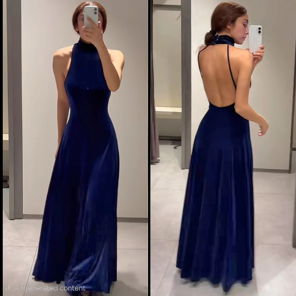 Zara VELVET LONG OPEN BACK DRESS NAVY SIZE XXL